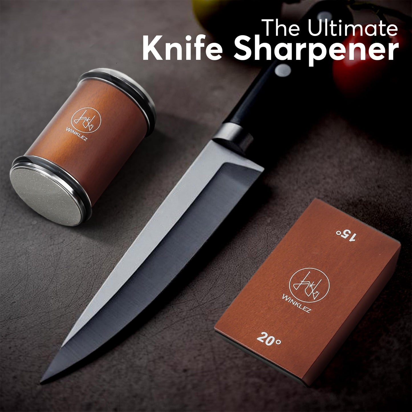 Winklez Rolling Knife Sharpener with Diamond and Ceramic Discs, Kitchen Knife Sharpener with 15° & 20° Magnetic Angles, Strong Knife Sharpening Kit (Brown)