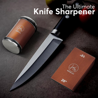 Winklez Rolling Knife Sharpener with Diamond and Ceramic Discs, Kitchen Knife Sharpener with 15° & 20° Magnetic Angles, Strong Knife Sharpening Kit (Brown)