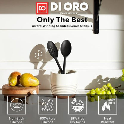 DI ORO Silicone Cooking Spoons - Heat-Resistant 600°F Utensils for Mixing & Serving | 2-Piece Set in Black