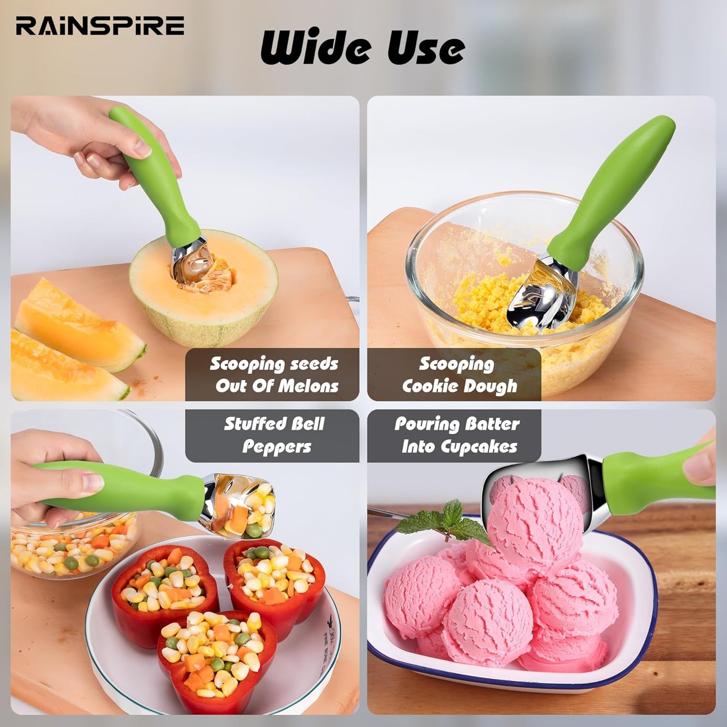 Rainspire Stainless Steel Ice Cream Scoop - Heavy Duty with Comfortable Handle | Perfect for Gelato, Sorbet, and Cookie Dough