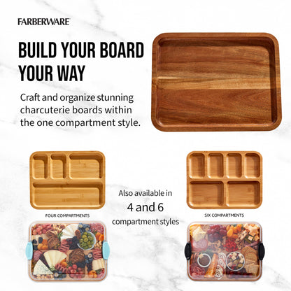 Farberware Build-A-Board Acacia Cutting Board with Built-in Compartments and Clear Locking Lid with White Handles, Perfect for Charcuterie, Snacks, and More - Make it. Take it. Enjoy it, 11x14 Inches