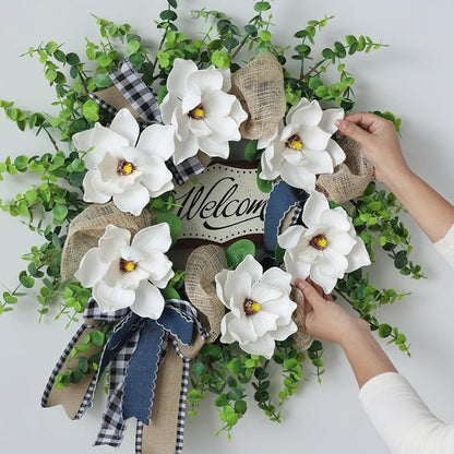 Artificial Magnolia & Eucalyptus Wreath - 24" White Flower Decor with Welcome Sign for Year-Round Home Entryway