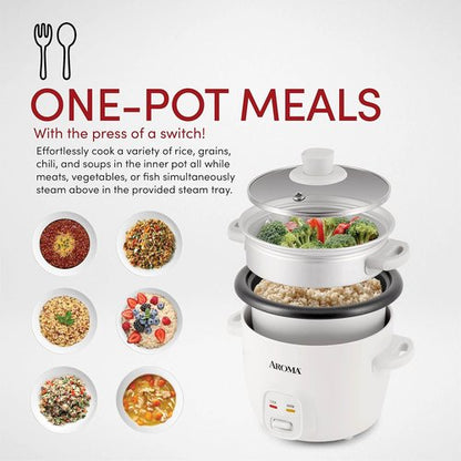 Aroma Housewares Rice Cooker - 6-Cup One Touch & 4-Cup Automatic Warm Mode, White (ARC-363NG)