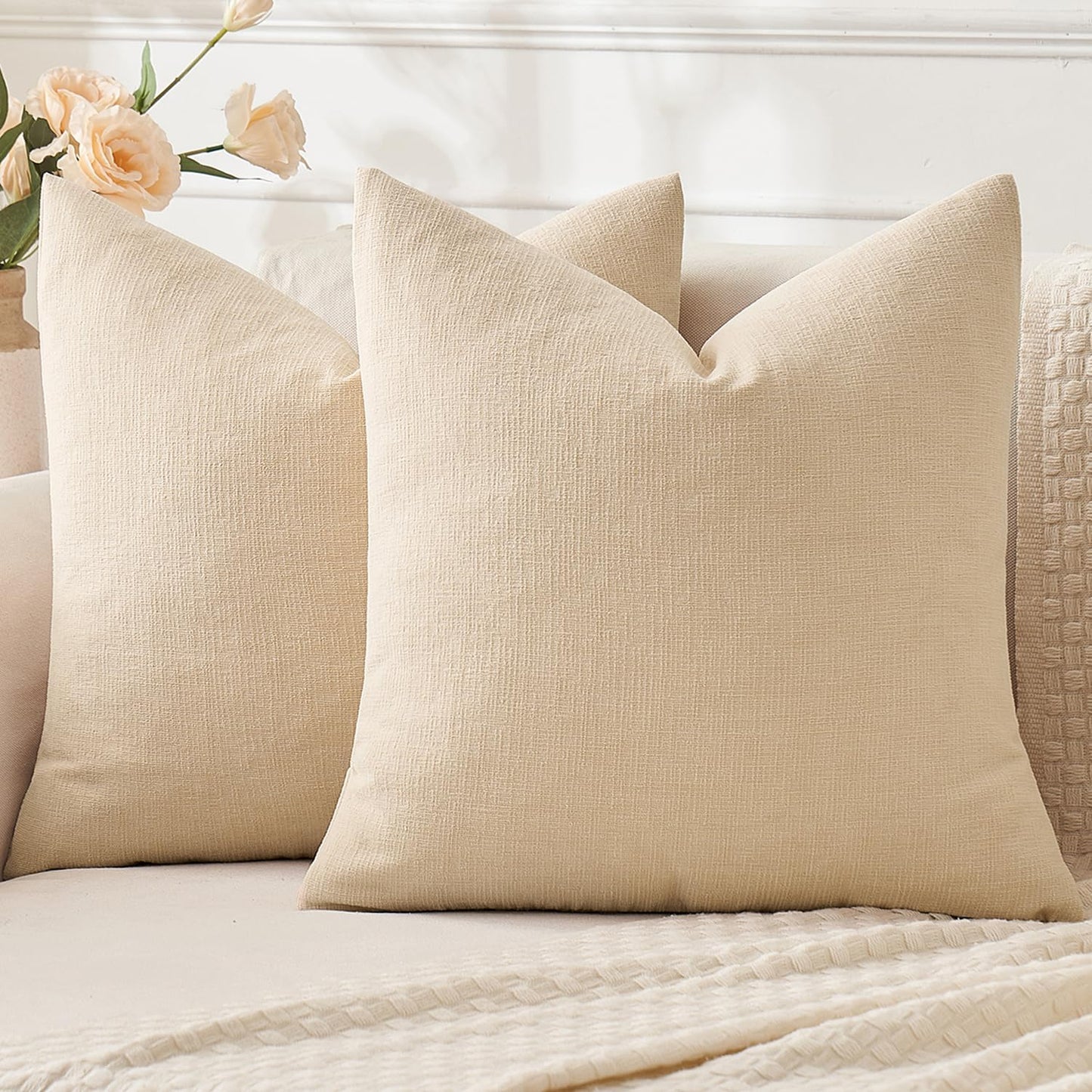 MIULEE Corduroy Decorative Throw Pillow Covers - Soft Chenille, 18x18 Inch, Cream White & Beige (Set of 2)
