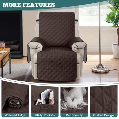 Ruaozz 100% Waterproof Recliner Chair Covers, Non-Slip Reclining Covers for Recliner Chair Washable Chair Cover, Recliner Covers with Pockets for Kids, Dogs, Pets (Chocolate, 23'')