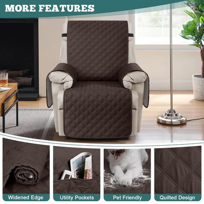 Ruaozz 100% Waterproof Recliner Chair Covers, Non-Slip Reclining Covers for Recliner Chair Washable Chair Cover, Recliner Covers with Pockets for Kids, Dogs, Pets (Chocolate, 23'')