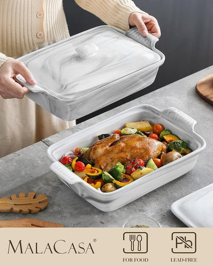 MALACASA Casserole Dish - 3.4 Quart Deep Ceramic Bakeware With Lid | Microwave & Oven Safe, Grey