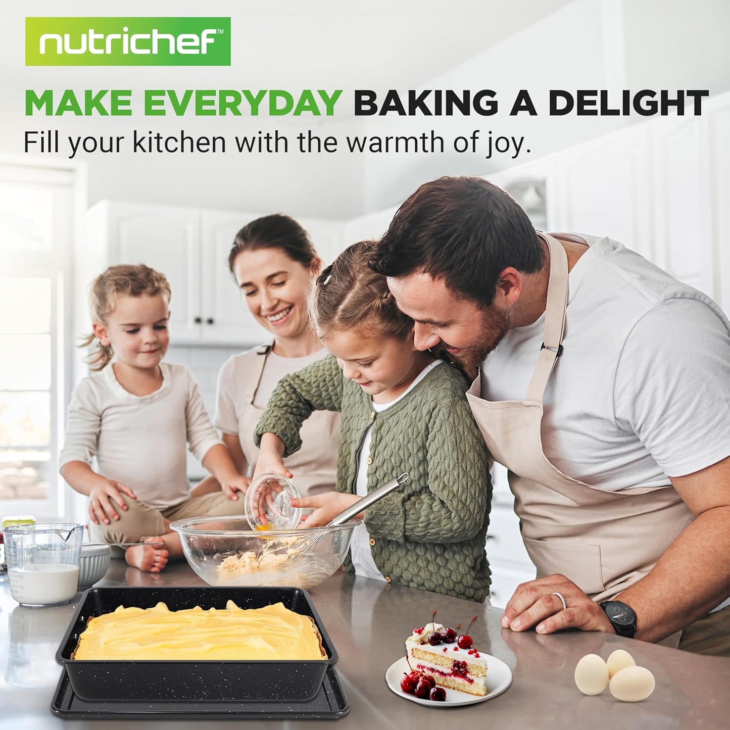NutriChef 8-Piece Bakeware Set - Non-Stick Carbon Steel Pans for Baking | Muffin, Round, Loaf, Square, Deep, Black Marble