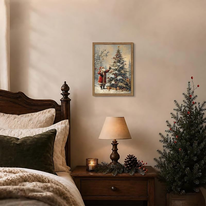 Framed Santa Claus & Christmas Tree Vintage Wall Art, 12x16 Natural Wood Frame