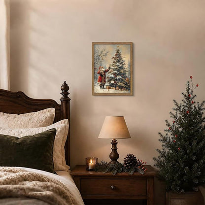 Framed Santa Claus & Christmas Tree Vintage Wall Art, 12x16 Natural Wood Frame