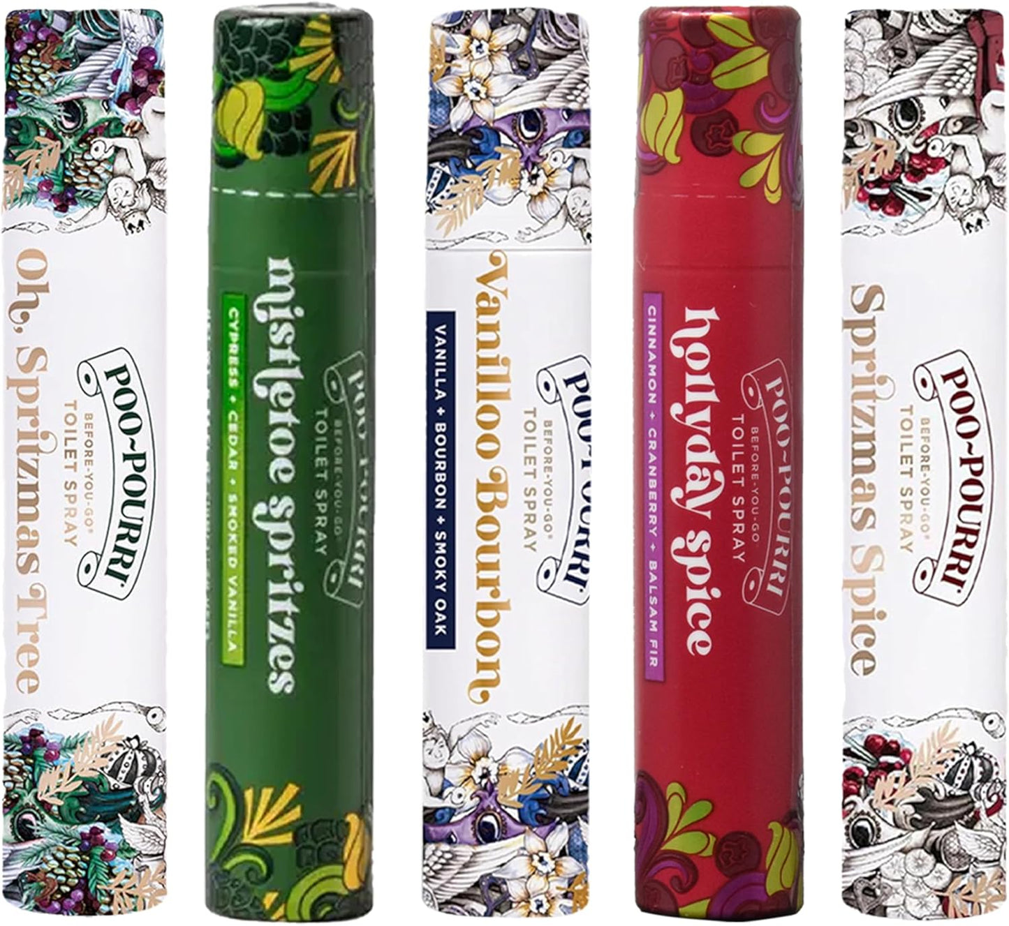 Poo-Pourri Travel Size Gift Set - 5 Pack Holiday Scents: Spritzmas Spice, Vanilla Bourbon & More | 10 mL Each