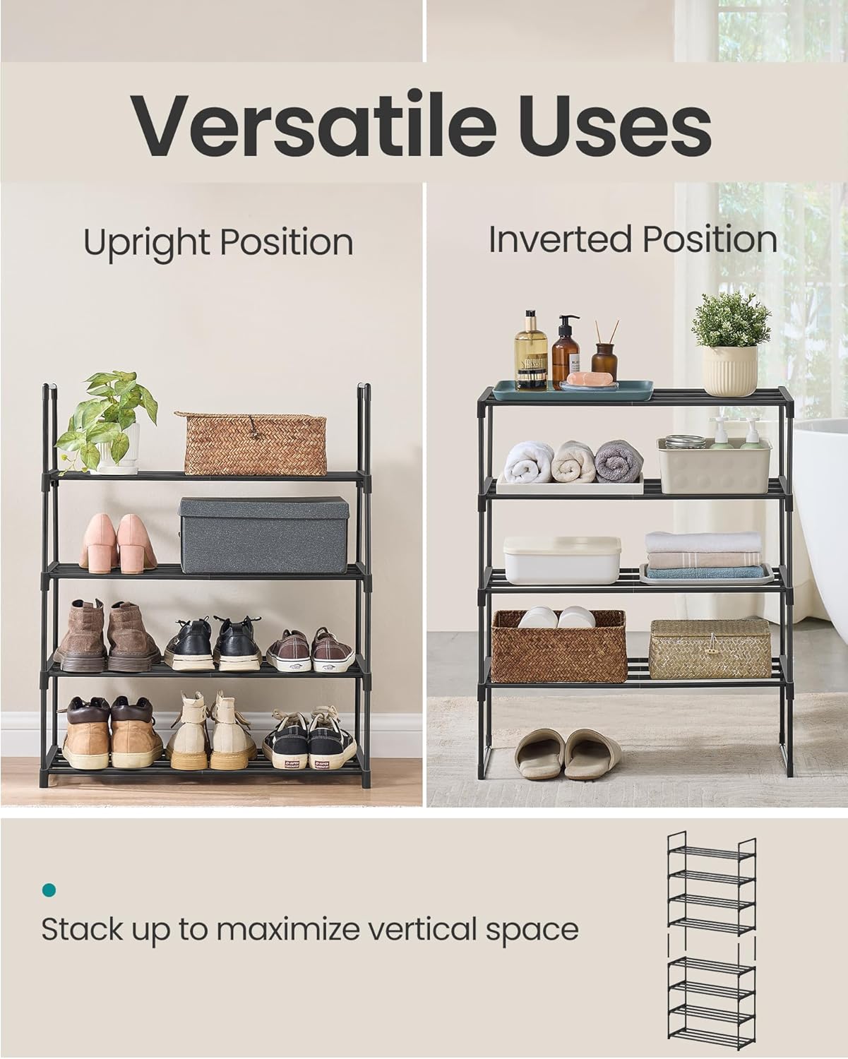 SONGMICS 4-Tier Shoe Rack - Stackable Metal Organizer for 10-15 Pairs | Black, 11.8 x 26.8 x 28.4 Inches
