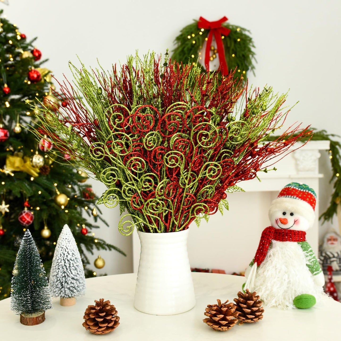 Regine Switzerland Glitter Christmas Tree Picks - 48 Pack 17'' Red & Green Curly Decorations for Holiday Decor