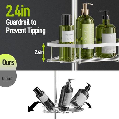 LAMU Shower Caddy - Adjustable 4-Tier Corner Tension Pole Organizer with Strong Spring & 4 Hooks | Silver