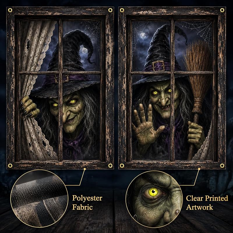 Halloween Window Covers 2 Pack - Creepy Witch Faces, 31.5 x 47.2 in - Variation D