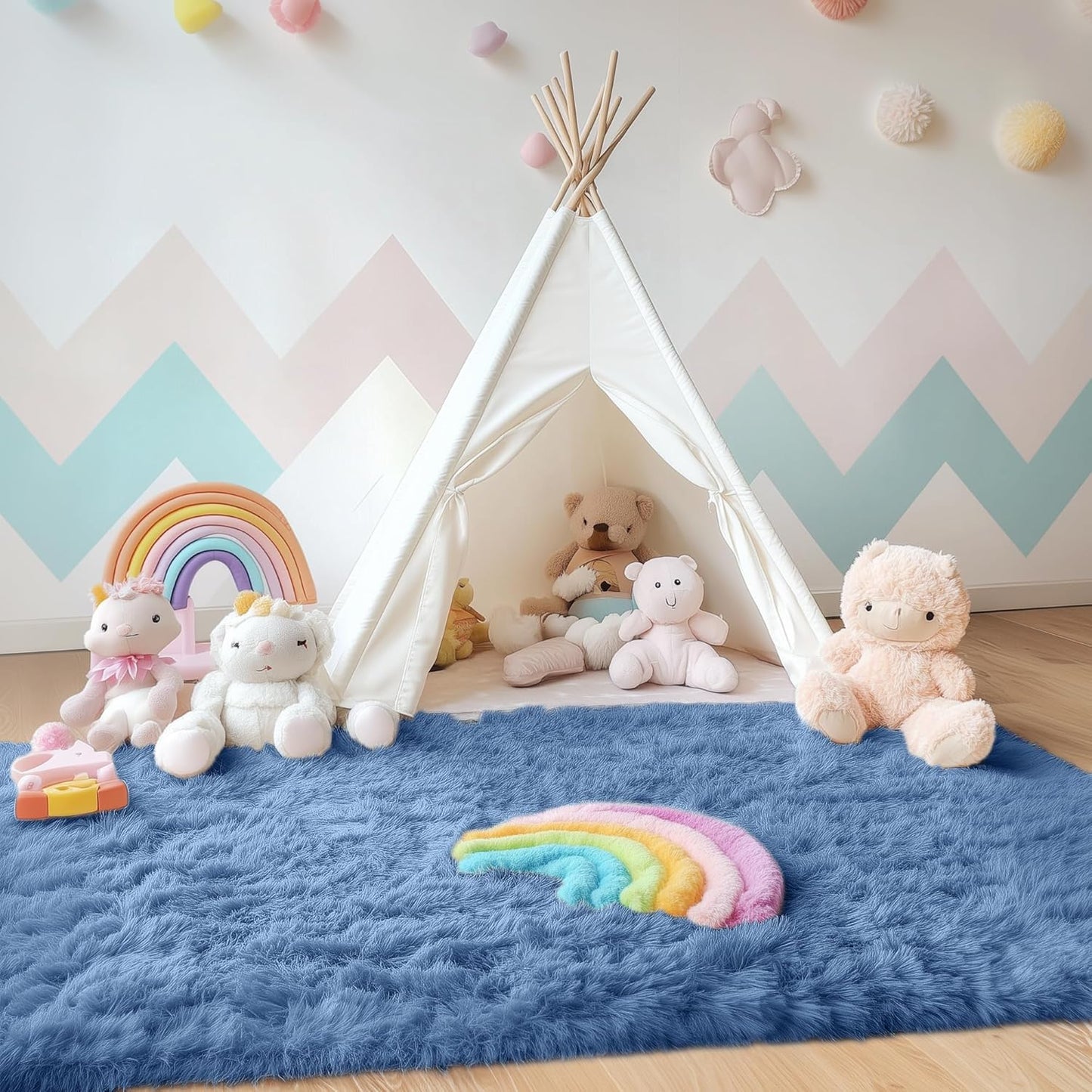 OLANLY Area Rug - Soft Fluffy Shaggy Design - Machine Washable 4x5.9 ft - Ideal for Living Room, Bedroom, Nursery, Blue
