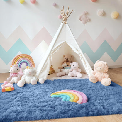 OLANLY Area Rug - Soft Fluffy Shaggy Design - Machine Washable 4x5.9 ft - Ideal for Living Room, Bedroom, Nursery, Blue