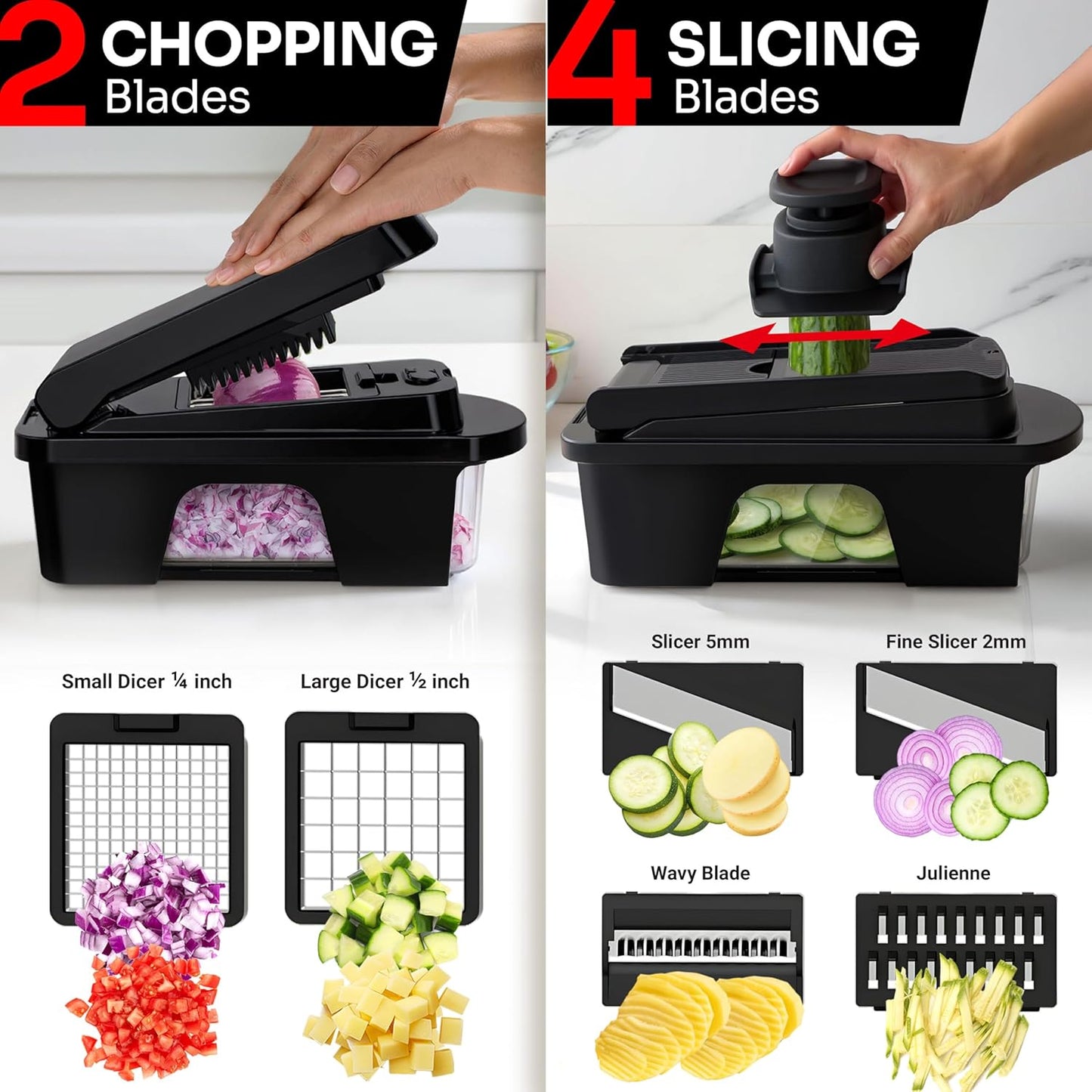 Mueller ULTIMATE 12-Blade Vegetable Chopper - Versatile Mandoline Slicer & Spiralizer | Black Kitchen Essential
