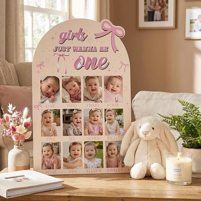 Pink Bow 12 Month Photo Board Set – Wooden 23.4 x 15.4 in Monthly Milestone Display (Variation: Pink Bow+23.4" x 15.4")