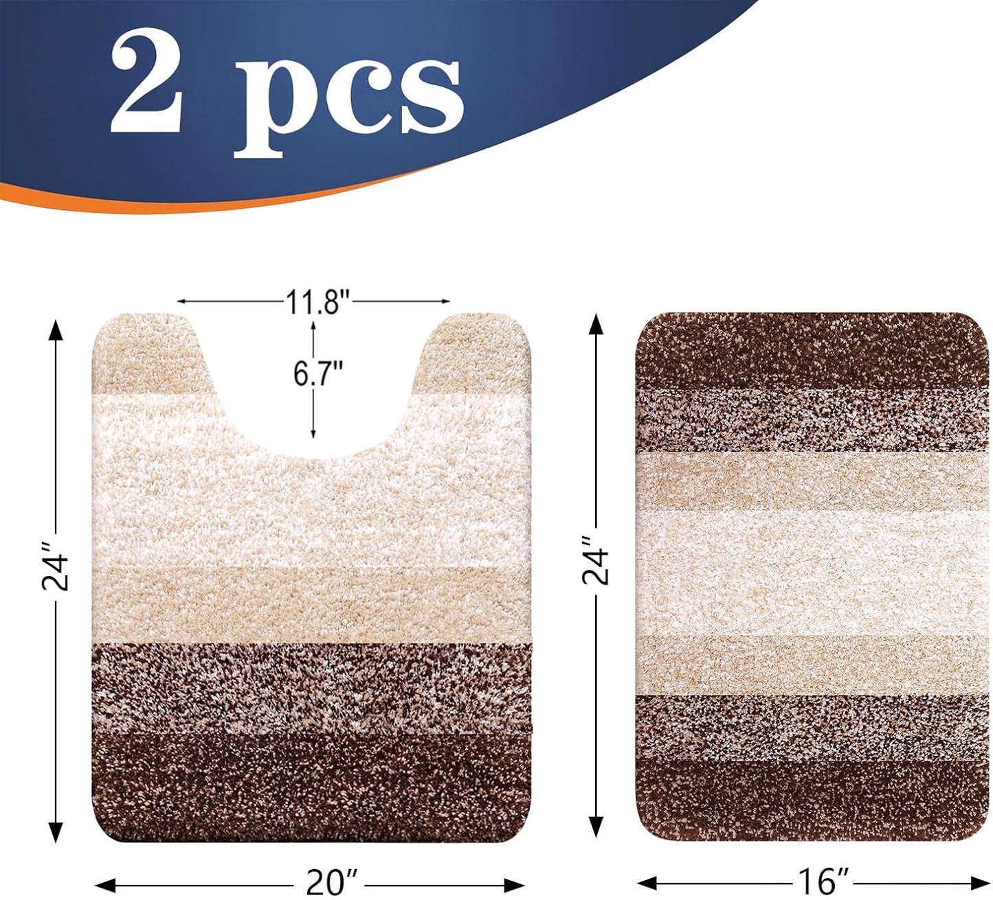OLANLY Bathroom Rug Set - Soft Absorbent Microfiber Mats & U-Shaped Toilet Rug | Non-Slip, Machine Washable, Brown (24"x16" + 24"x20")
