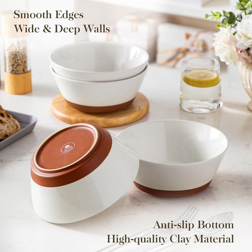 MALACASA Ceramic Soup Bowls Set of 4 - 36oz Microwave & Dishwasher Safe Speckled Deep Bowls in Vanilla White & Brown