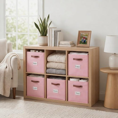DECOMOMO Storage Bins - Fabric Cube Storage Bins with Labels | 10.5" x 11" | Set of 6, Pink
