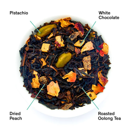 August Uncommon Loose Leaf Tea - Dark Iris Rich Oolong with Peach, Pistachio and Lime