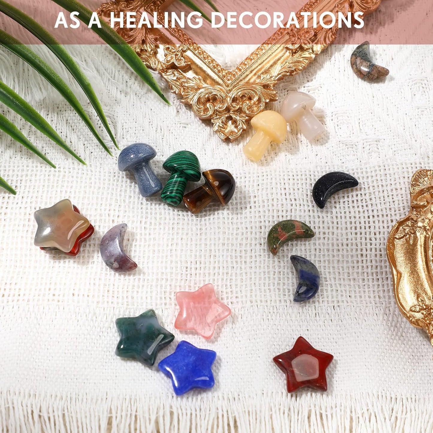 Nuenen Worry Stones Set - 54 Mushroom, Moon & Star Shaped Crystal Thumb Stones for Meditation | Elegant Decor