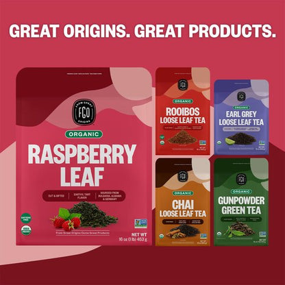 FGO Organic Red Raspberry Loose Leaf Herbal Tea, Cut and Sifted, Caffeine Free, 16oz Bulk Resealable Pouch, Packaging May Vary (Pack of 1)