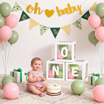 Winrayk Pink Green First 1st Birthday Decorations Girl, ONE Balloon Box Pink Green Balloon Arch Kit Oh Baby Banner Pennant Banner Heart Foil Balloons, One Year Old First Birthday Decorations for Girls