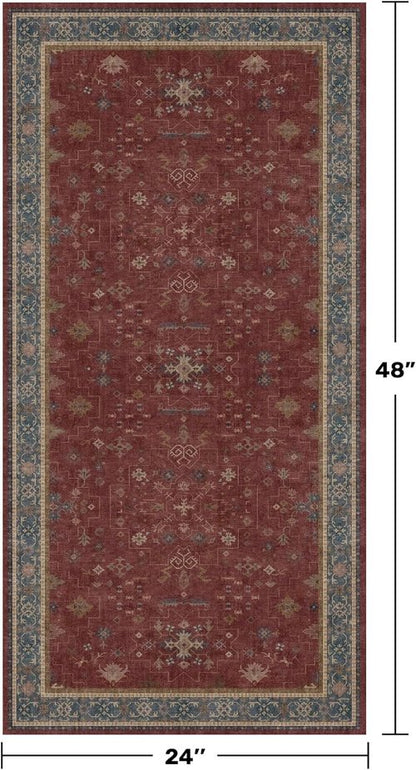 Hazo Haus Burgundy Washable Entry Rug - Non-Slip Low Pile | Modern Floral Design for Kitchen & Entryway