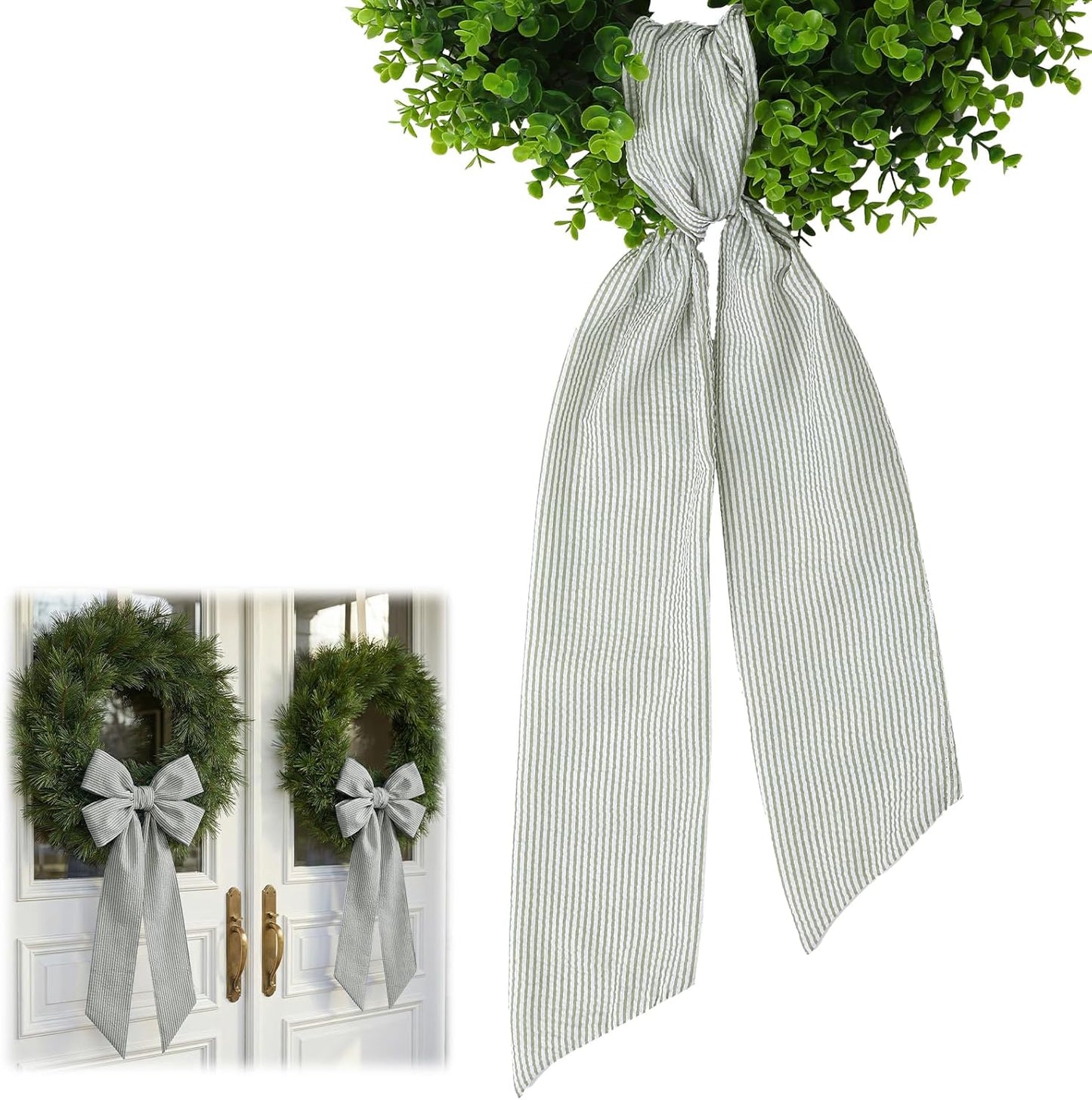 Skiennix Wreath Sash - Holiday Stripes Ribbon for Front Door Decor | 5.1'' W x 59'' L, Green Striped