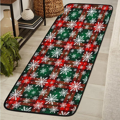 Christmas Snowflake Plaid Runner Rug 2' x 6' - Non-Slip Washable Hallway Mat, Holiday Decor (A01)