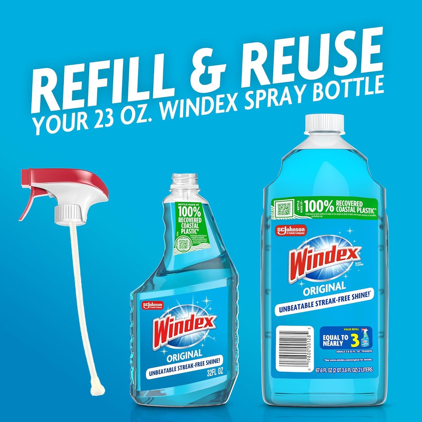 Windex Glass & Window Cleaner Refill - Eco-Friendly 100% Recycled Plastic, Original Blue Scent, 2L (Pack of 2)