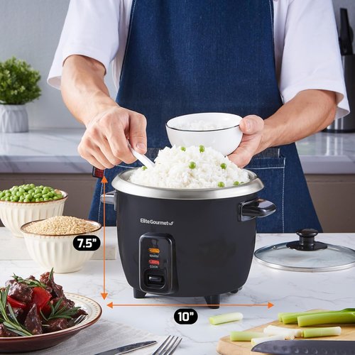Elite Gourmet Electric Rice Cooker - Automatic Keep Warm Feature, 6 Cups Cooked, Black