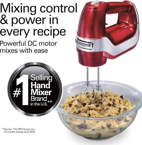 Hamilton Beach Professional 5-Speed Electric Hand Mixer - High-Performance DC Motor, Snap-On Storage Case, Red & Chrome