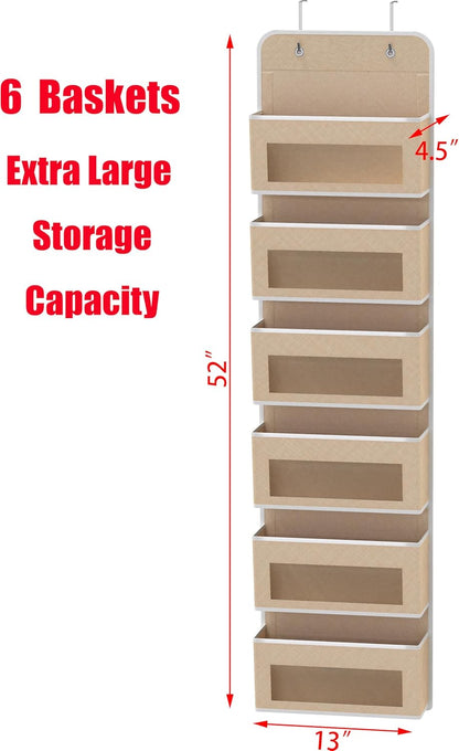 Simple Houseware 6 Pocket Over Door Hanging Organizer - Clear Window Design for Bedroom, Bathroom, Pantry | Beige