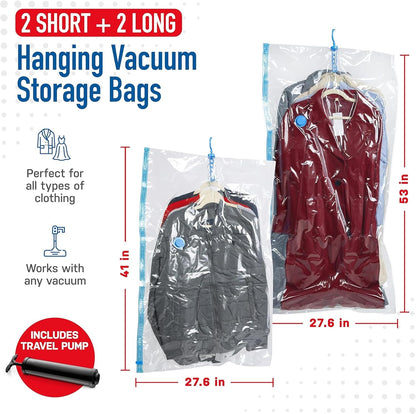 Skiennix Vacuum Storage Bags - 4 Pack Compression Bags with Hand Pump for Clothes & Jackets | Space Saver for Travel & Organization (2 Small & 2 Large)