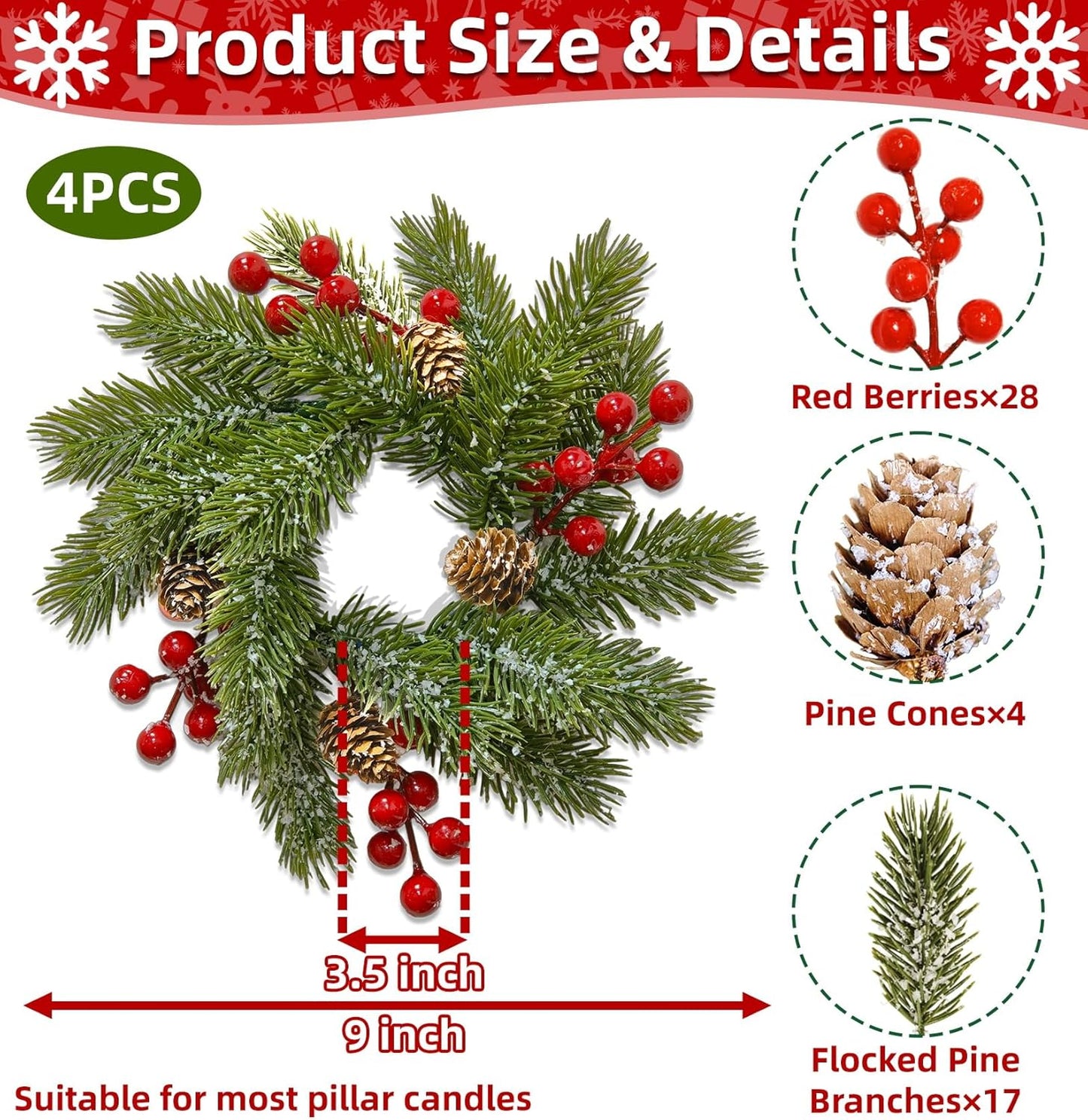 Skiennix 4-Piece Christmas Candle Rings - Flocked Pine & Red Berry Decor for Holiday Centerpieces