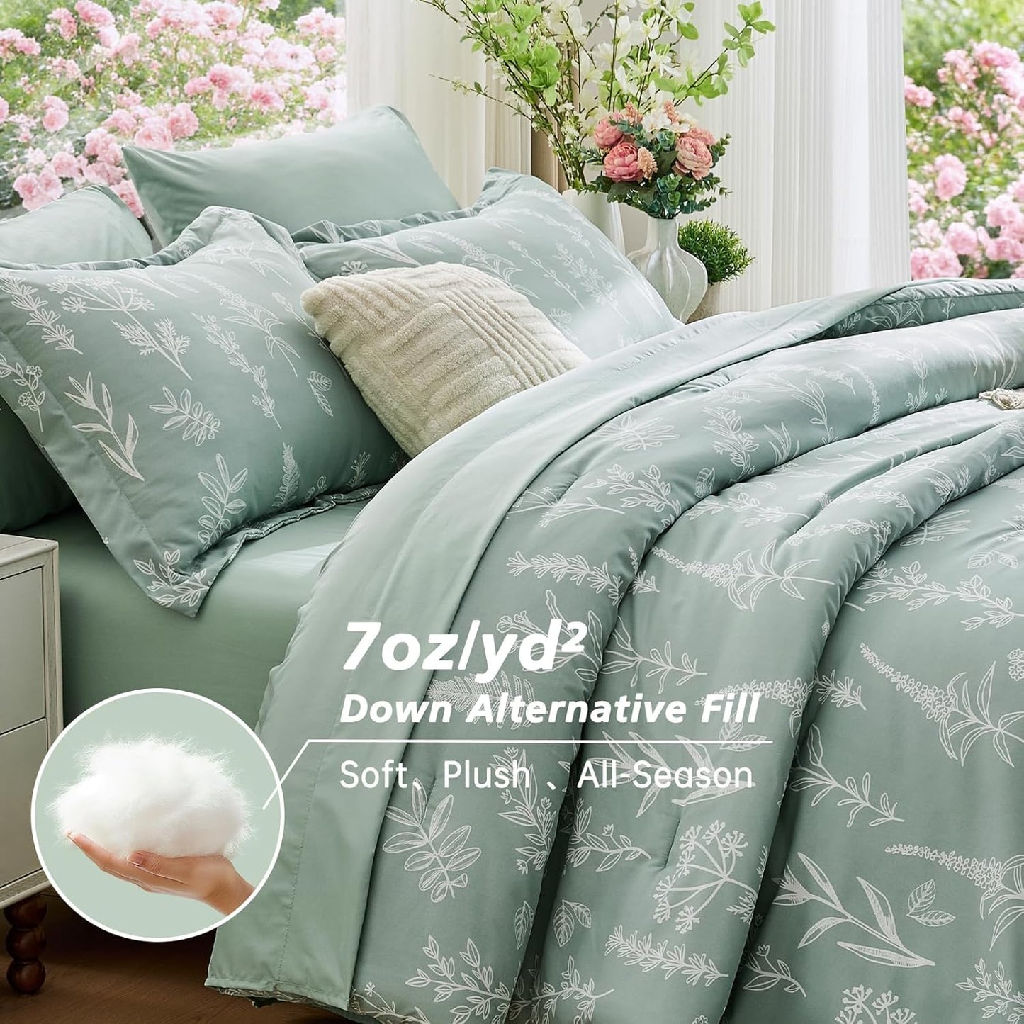 MUXHOMO Queen Comforter Set - 7-Piece Sage Green Bedding with Reversible Botanical Design & Ultra Soft Fabric