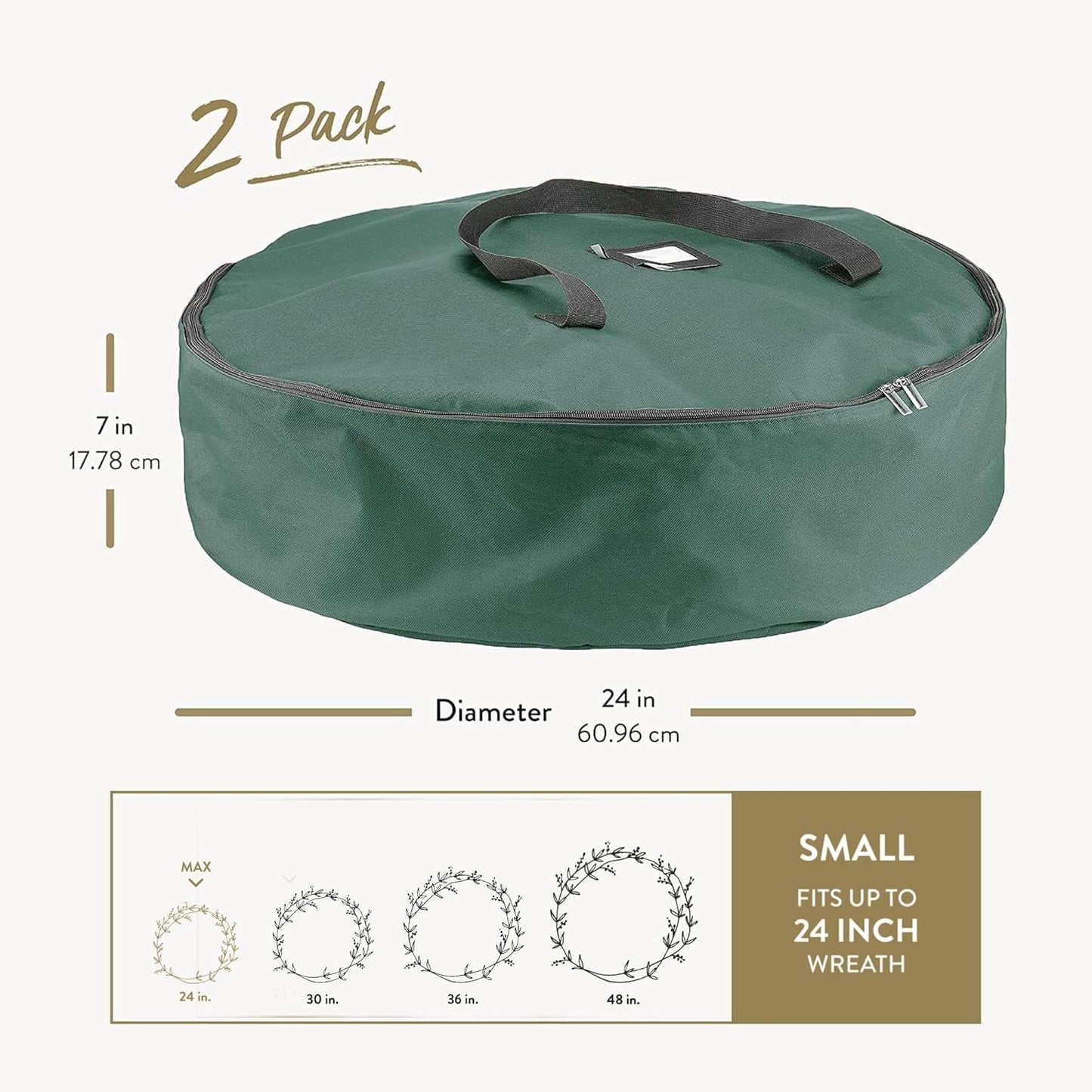 ZOBER Oxford Wreath Storage Container - 24 Inch Waterproof Bag for Artificial Wreaths - Durable Dual Zippered Design, Green
