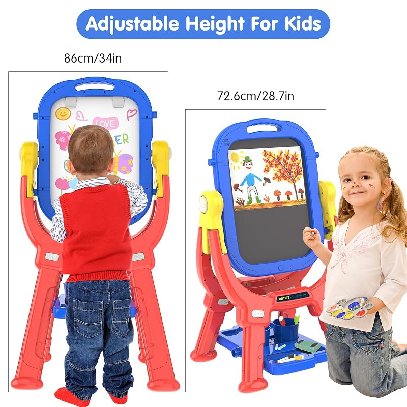 Blue Kids Art Easel for Toddler 3-5, 360° Rotatable Double-Sided Magnetic Chalkboard & Whiteboard
