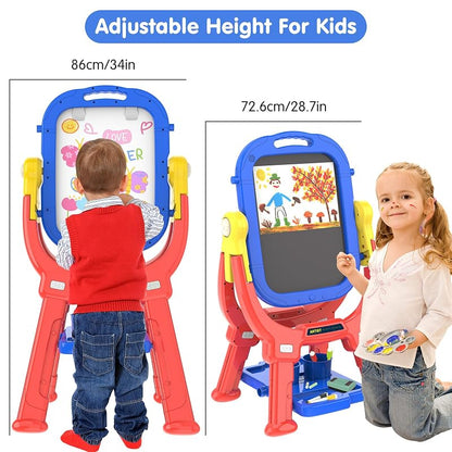 Blue Kids Art Easel for Toddler 3-5, 360° Rotatable Double-Sided Magnetic Chalkboard & Whiteboard