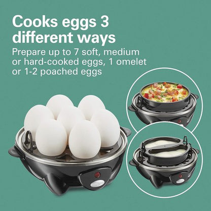 Hamilton Beach Electric Egg Cooker - 3-in-1 for Hard Boiled, Poached Eggs & Omelets - Black, Holds 7