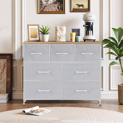Skiennix 7-Drawer Dresser - Anti-Tip Fabric Storage Organizer with Wooden Top | Light Gray Finish