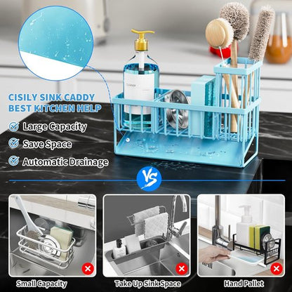 Cisily Blue Kitchen Sink Caddy Organizer - Rustproof Stainless Steel with Brush & Sponge Holder