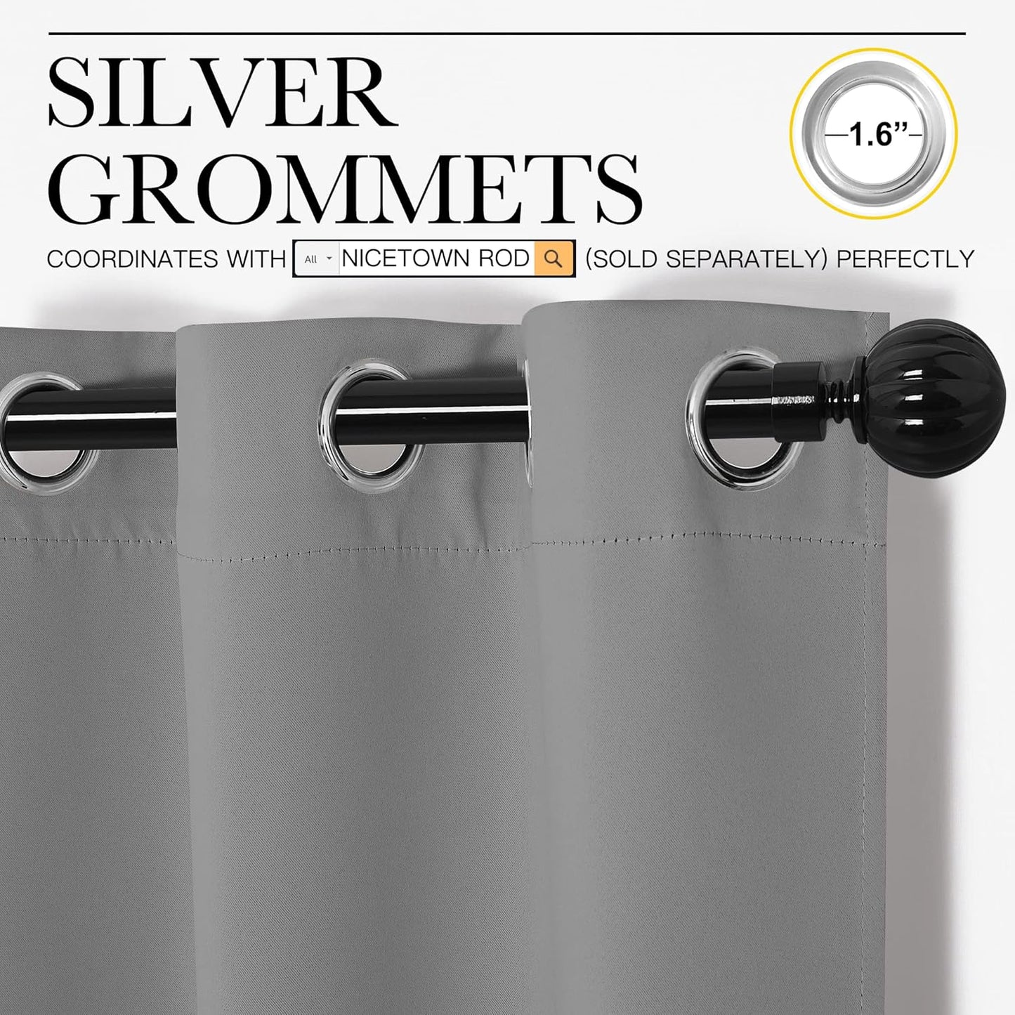 NICETOWN Silver Grey Room Darkening Curtain Panels - 96" Long | Heat-Blocking Drapes for RV & Studio (55" Width, 2 Panels)