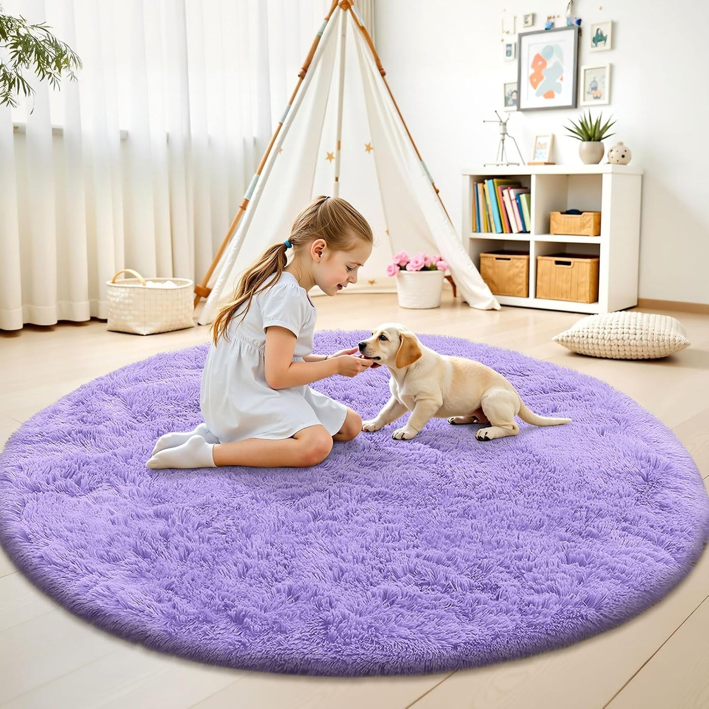 OLANLY Round Light Purple Area Rug - Soft, Fluffy, Machine Washable 9 ft Carpet for Bedrooms & Nurseries