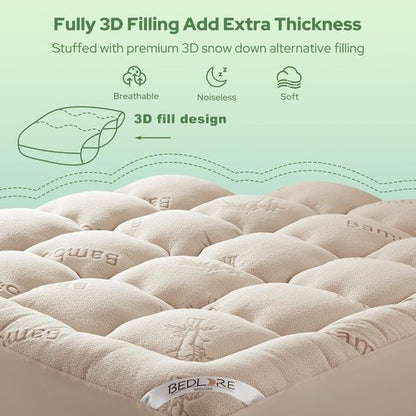 BEDLORE Twin Mattress Topper - Soft Bamboo Viscose Pillow Top for Back Pain Relief | Fits 6"-15" Mattresses - Beige