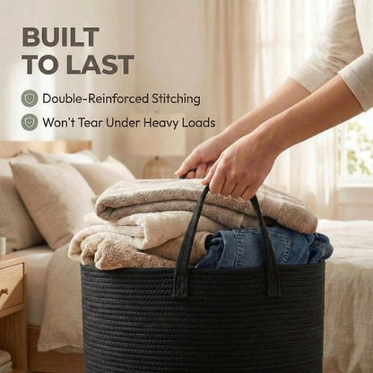 JMvicyroam Extra Large Blanket Basket - Woven Cotton Rope Laundry Hamper with Reinforced Handles | Machine Washable, Black